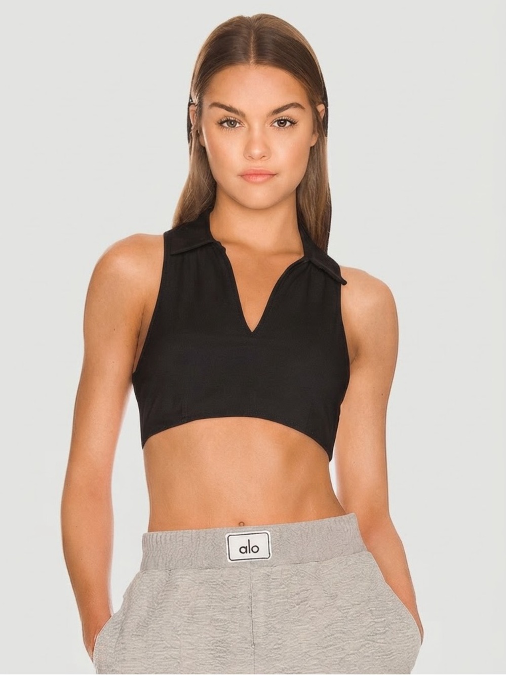 ALO YOGA Charmed Collar Bra Tank | Polo Style - BLACK Airbrush Fabric SIZE LARGE